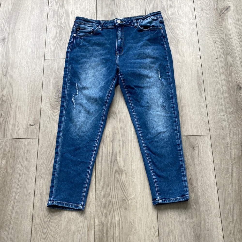 KanCan Women’s Ankle Crop Jeans - Dark Blue with Faded Wash